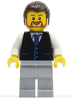 LEGO Minifigure-Black Vest with Blue Striped Tie, Light Bluish Gray Legs, White Arms, Dark Brown Hair, Brown Beard Rounded-Town / City / Space Port-TWN135-Creative Brick Builders